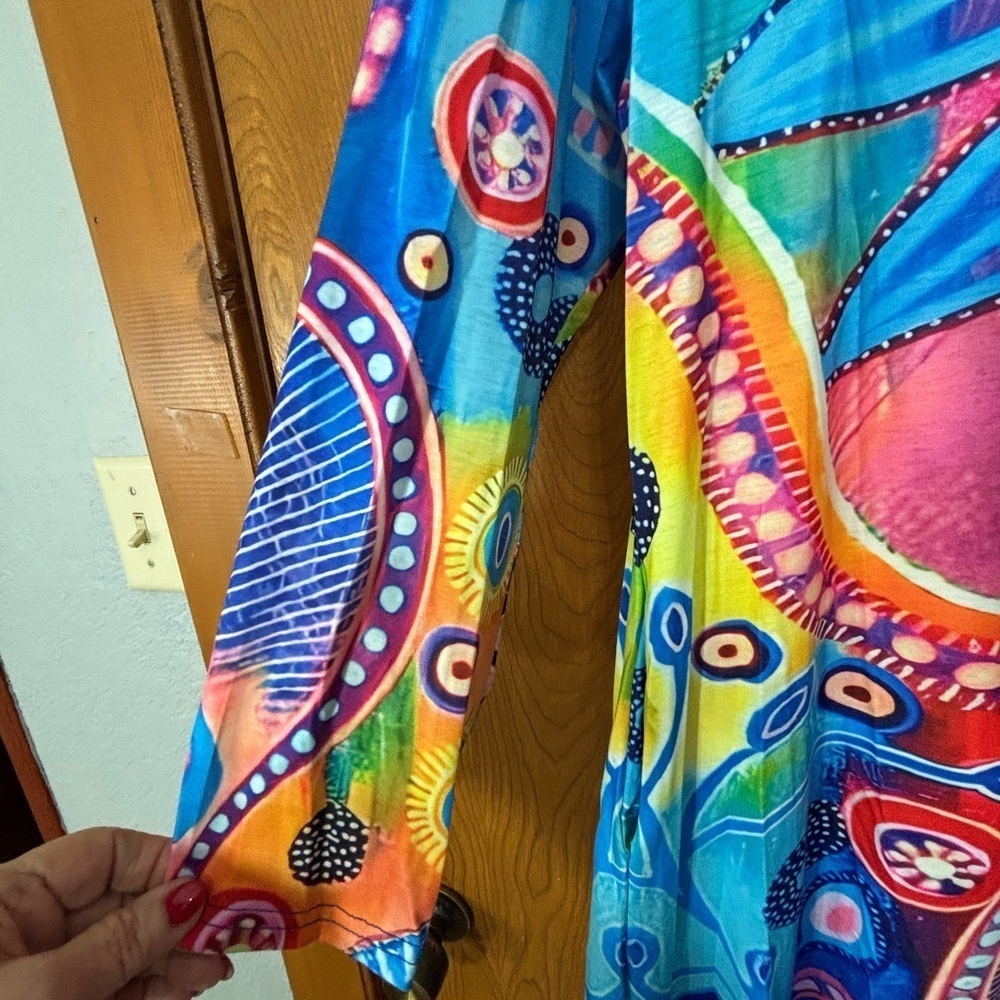 Psychedelic Blue, Pink and Multicolored Maxi Kaftan Dress with V-Neck - Picture 5 of 7